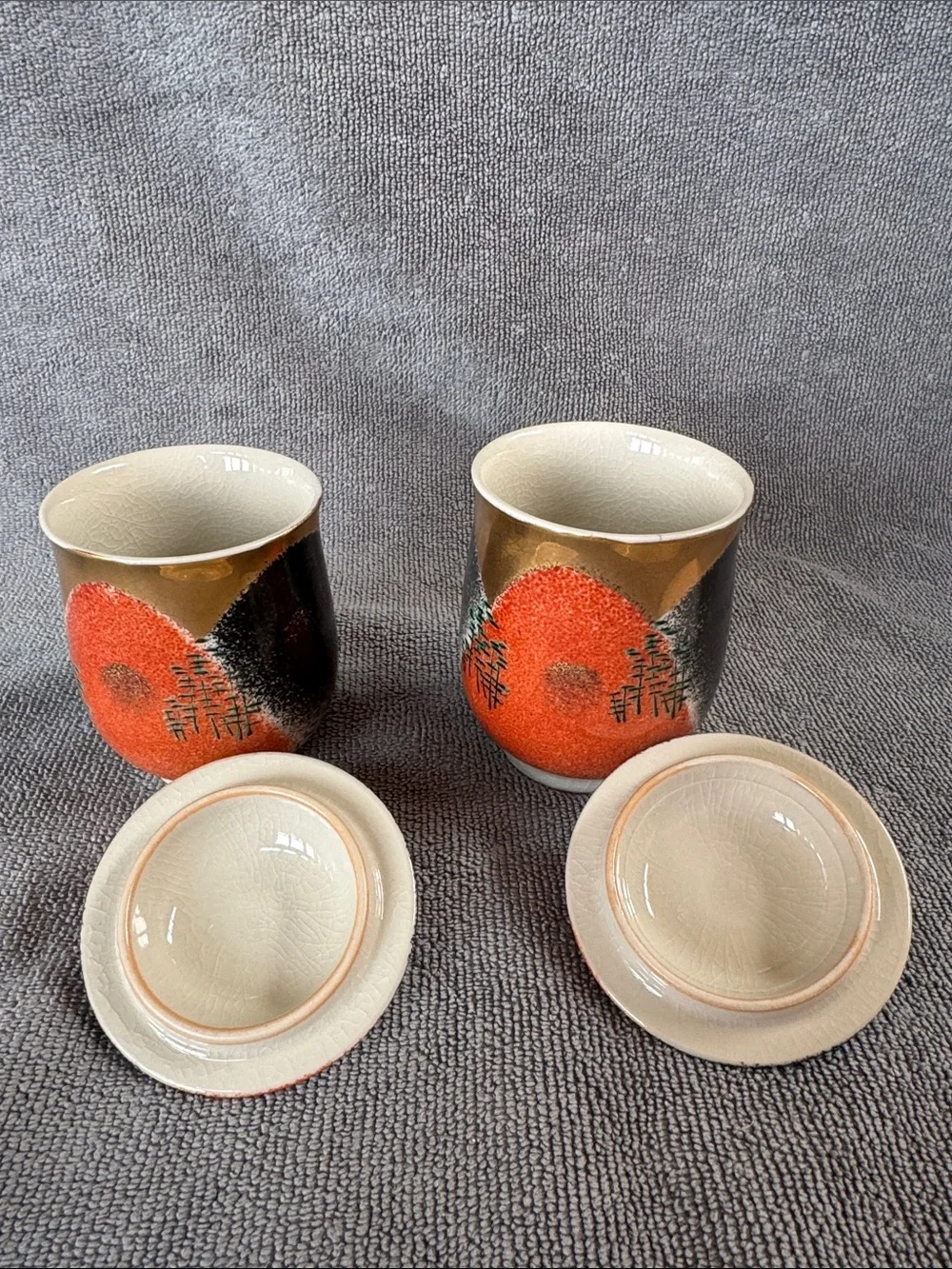 Rare Vintage Kutani Ryuho Japanese Lidded Tea Cups Pair Hand Painted Set